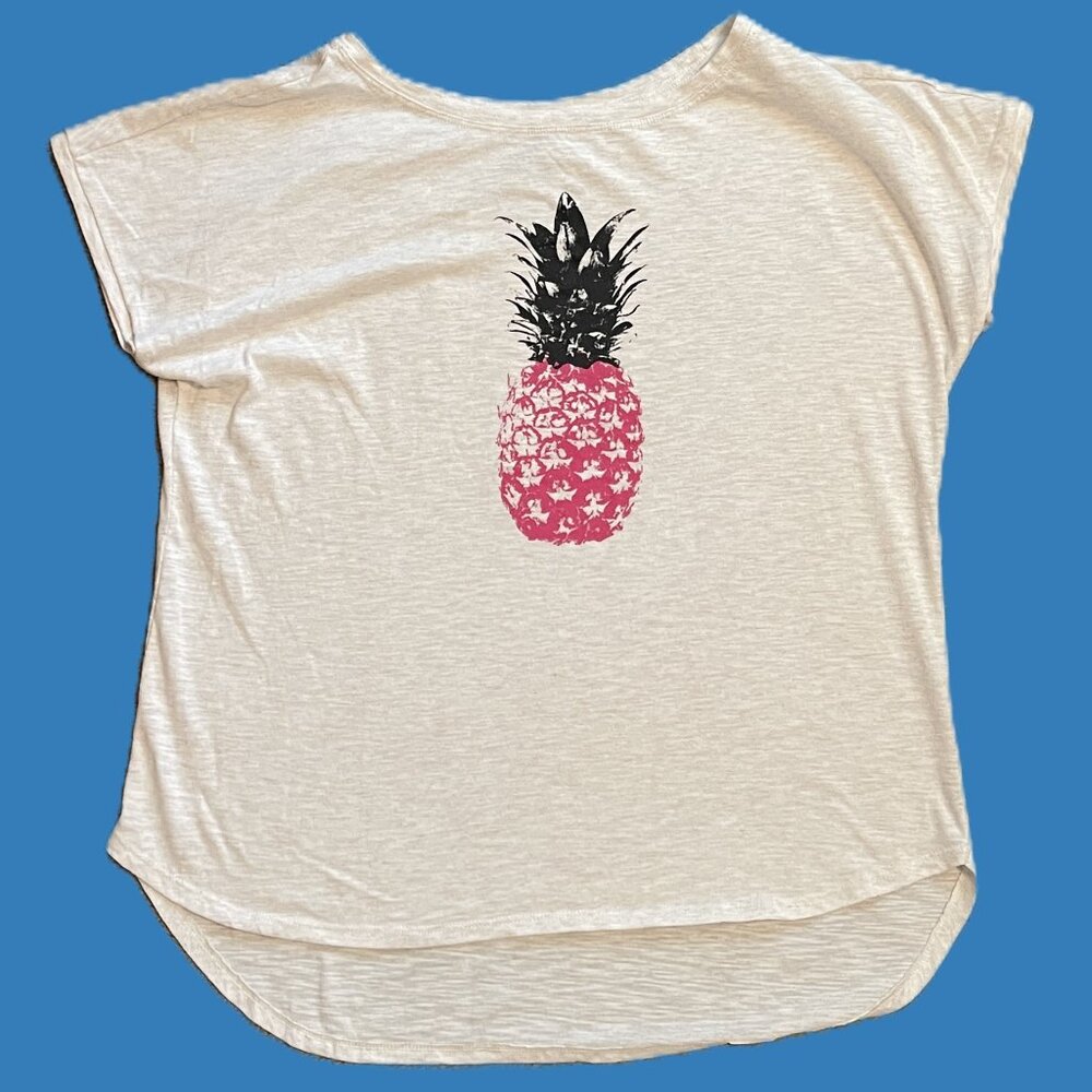 JASMINE GINGER Womens Top LARGE Light Gray w Pineapple Graphic HI LO HEM  1155AT
